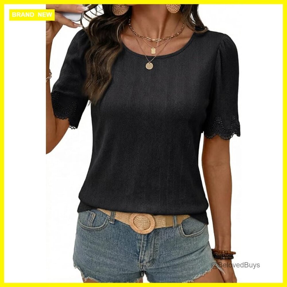 Lightweight Hollow Out Lace Trim Short Sleeve Crewneck Tee